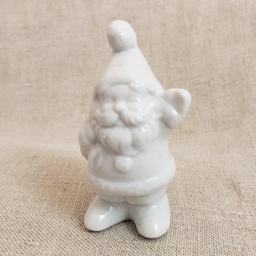 Vintage Glossy White Porcelain Mini Santa Figurine with Present Bag